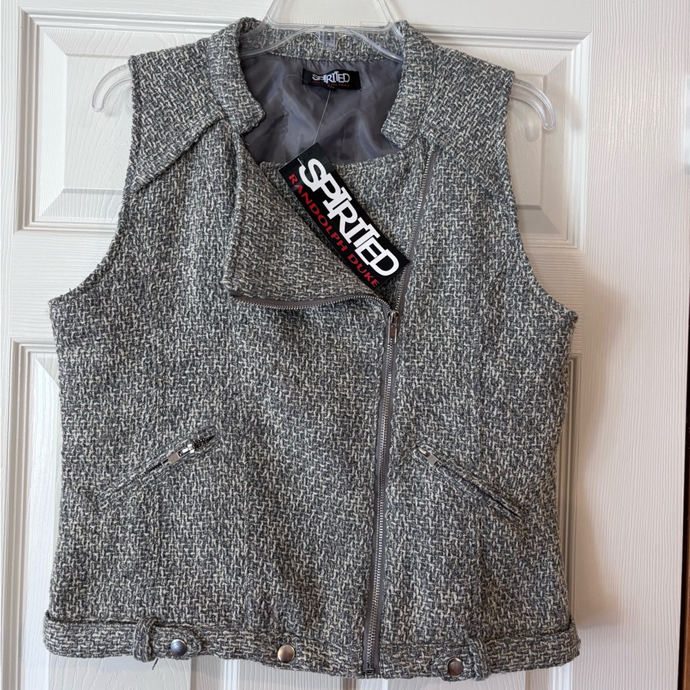 Randolph Duke Spirited Tweed Moto Vest Size M Sleeveless Zip Up Pockets Gray